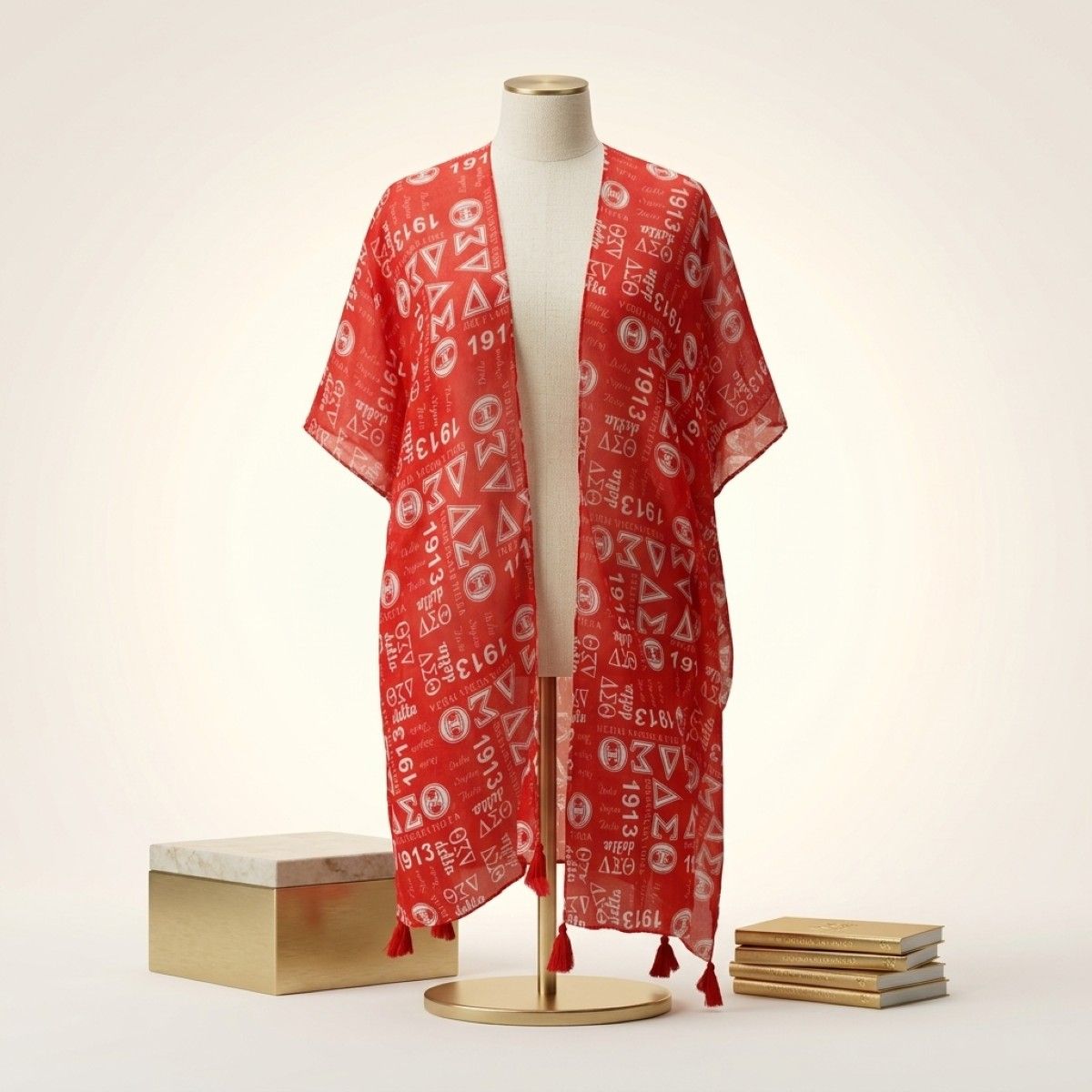 DST Red and White Graphic Print Viscose Kimono