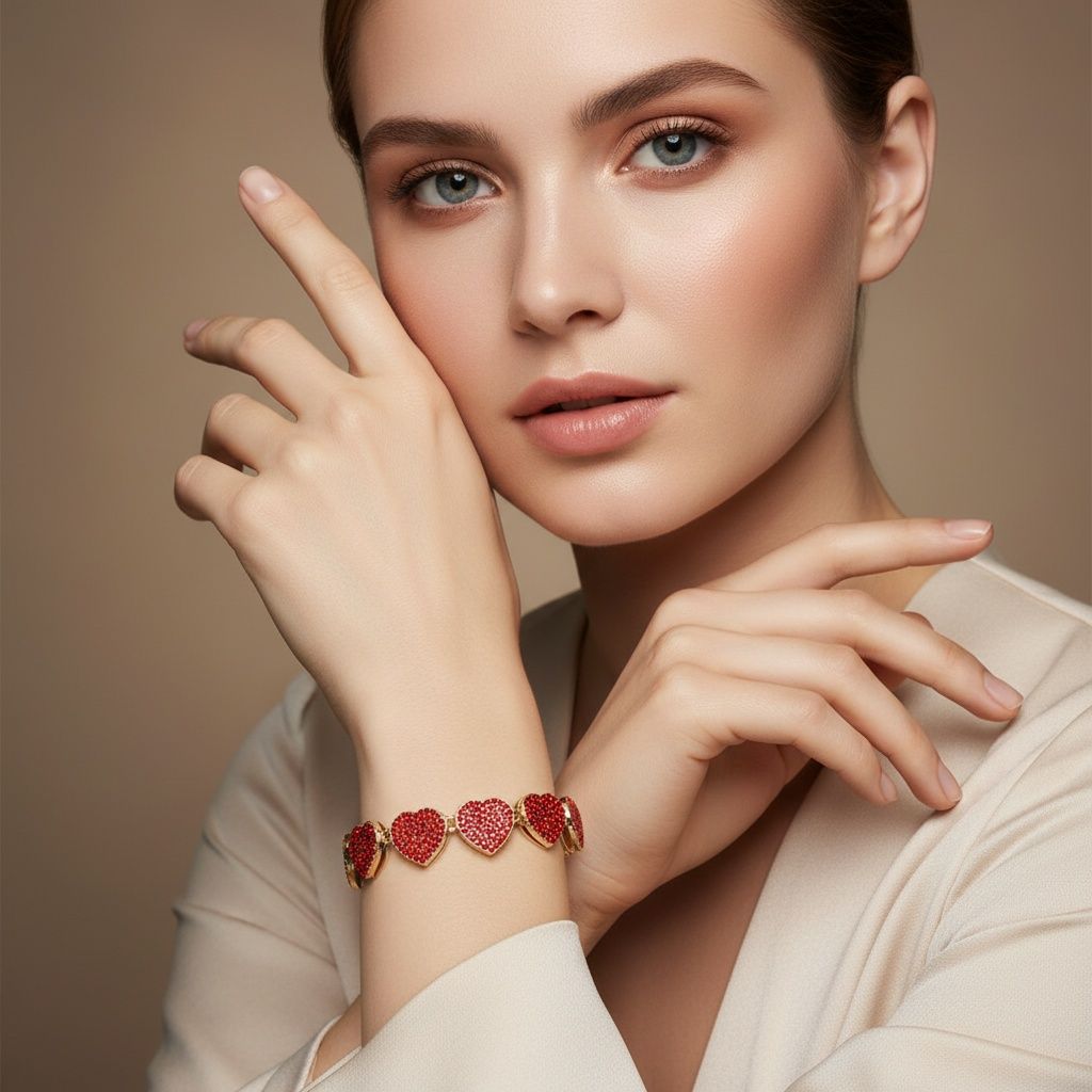 Chain Red Pave Heart Link Bracelet for Women