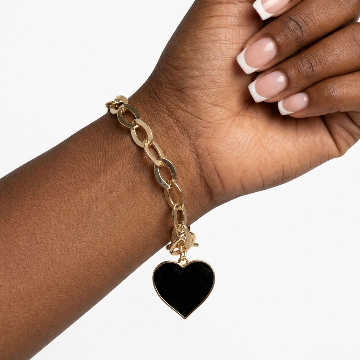Black Heart Charm Gold Oval Chain Bracelet