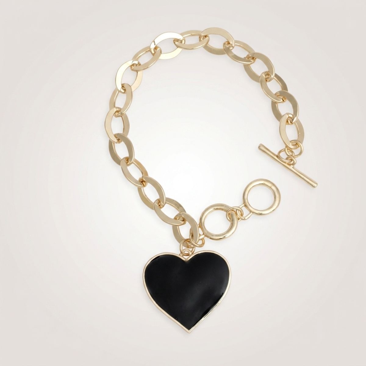 Black Heart Charm Gold Oval Chain Bracelet