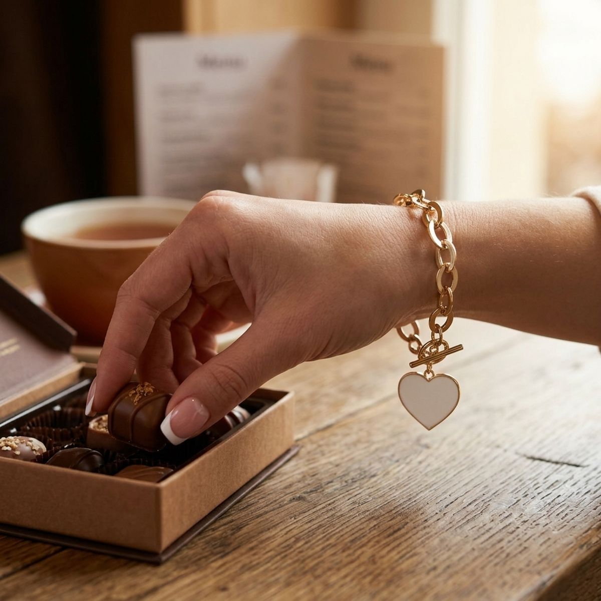 Cream Heart Charm Gold Oval Chain Bracelet