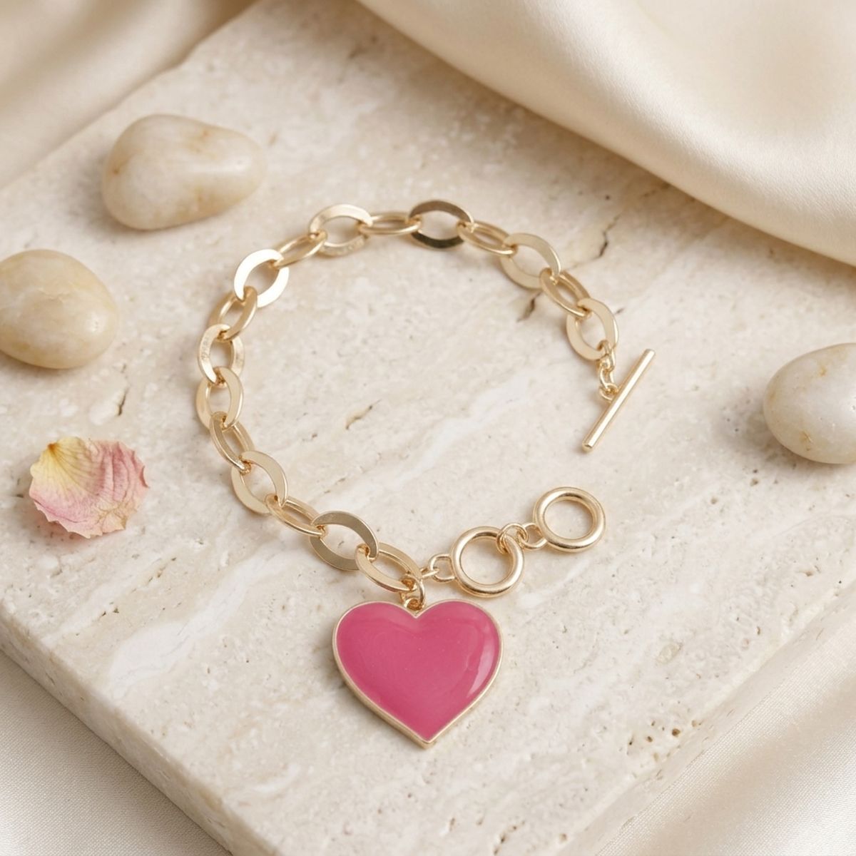 Pink Heart Charm Gold Oval Chain Bracelet