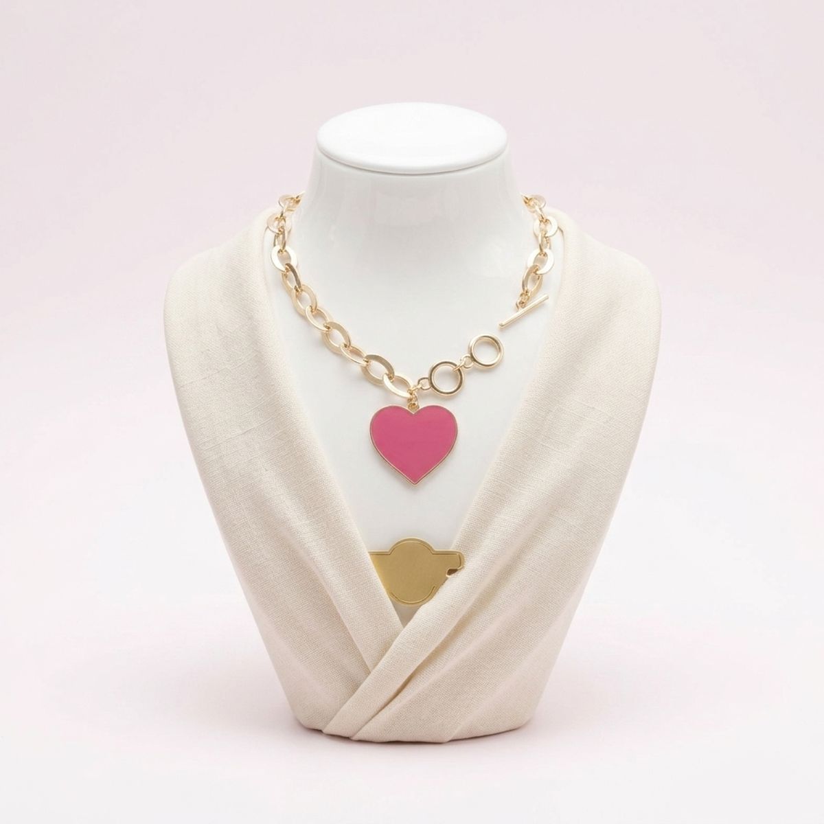Pink Heart Charm Gold Oval Chain Bracelet