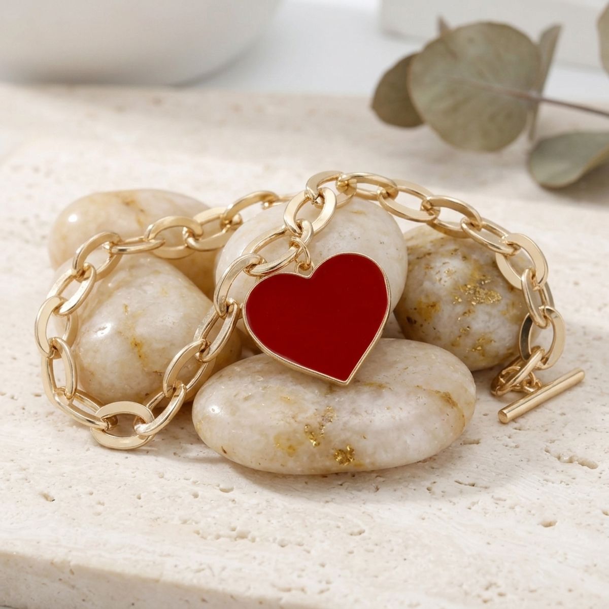 Red Heart Charm Gold Oval Chain Bracelet