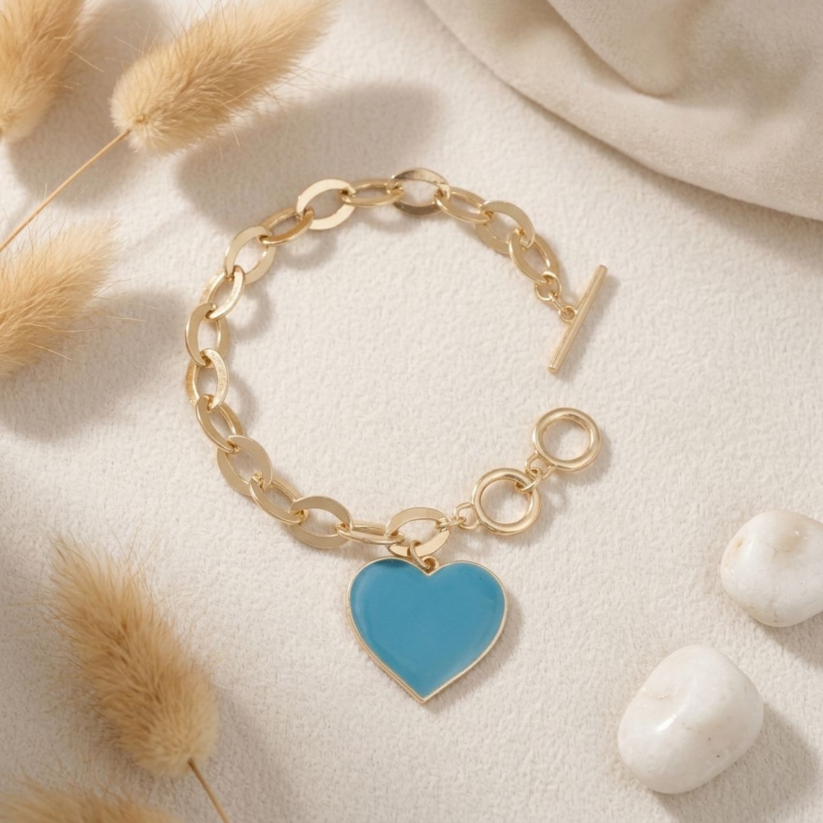 Turquoise Heart Charm Gold Oval Chain Bracelet