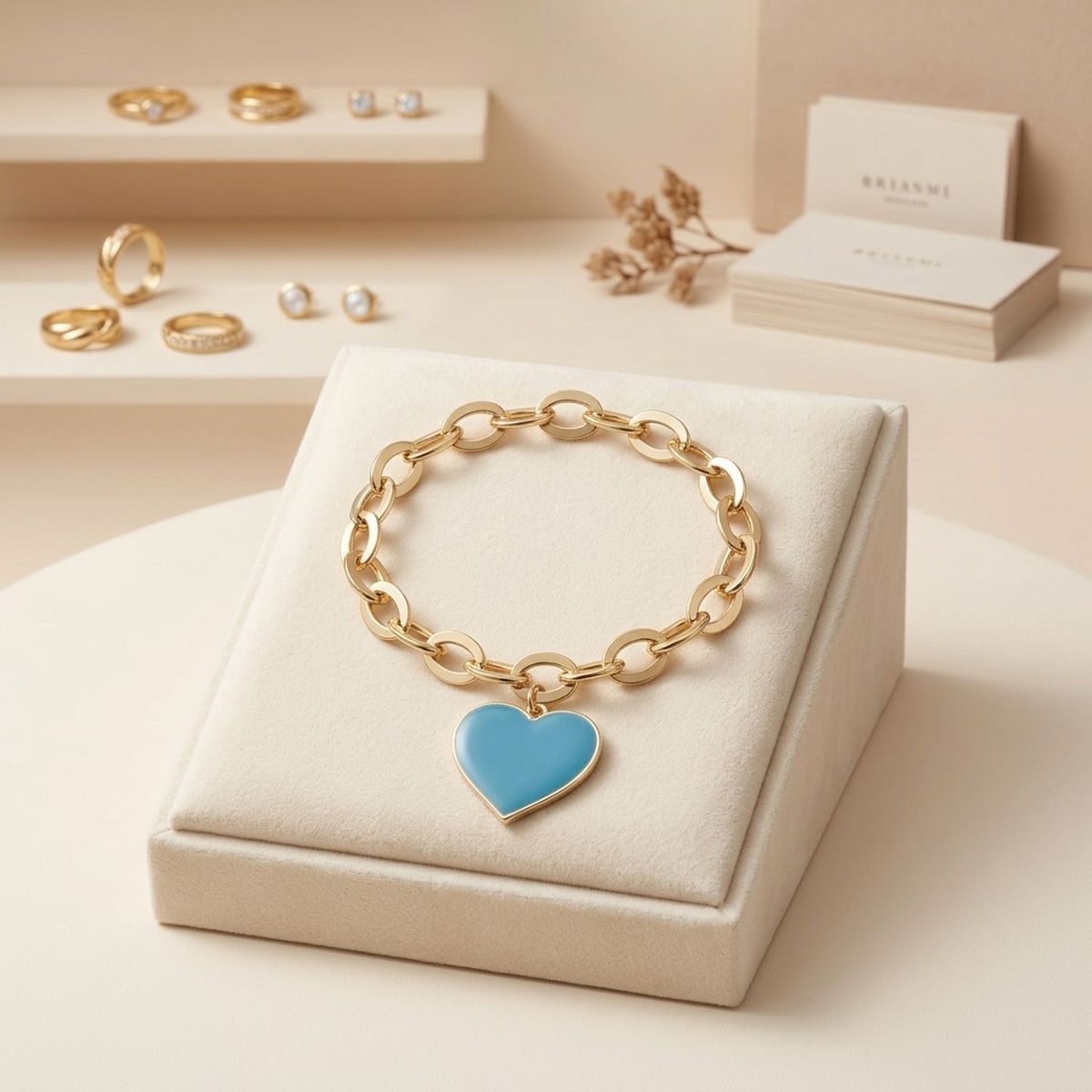 Turquoise Heart Charm Gold Oval Chain Bracelet