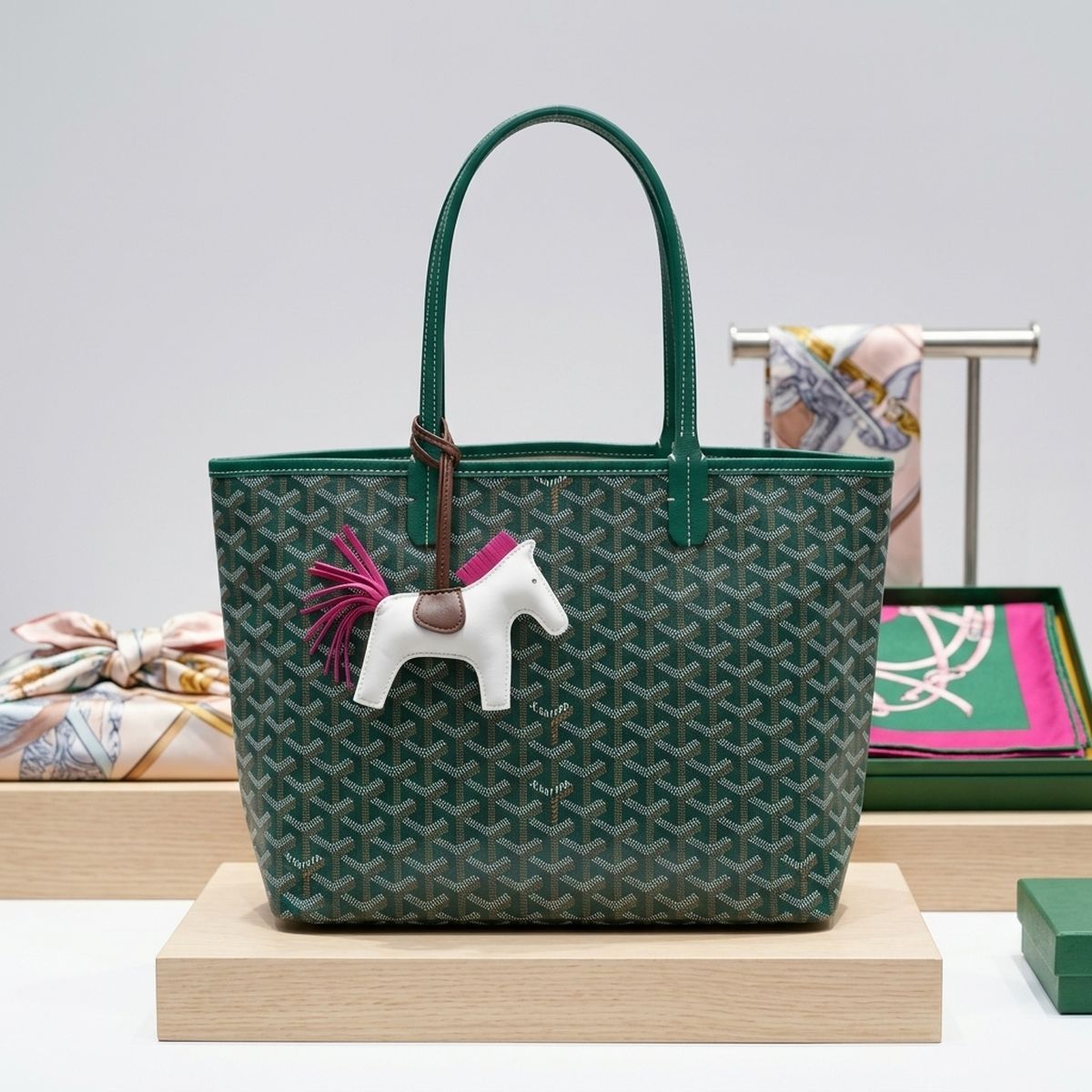 Green Geometric Chevron Print Tote and Pouch Set