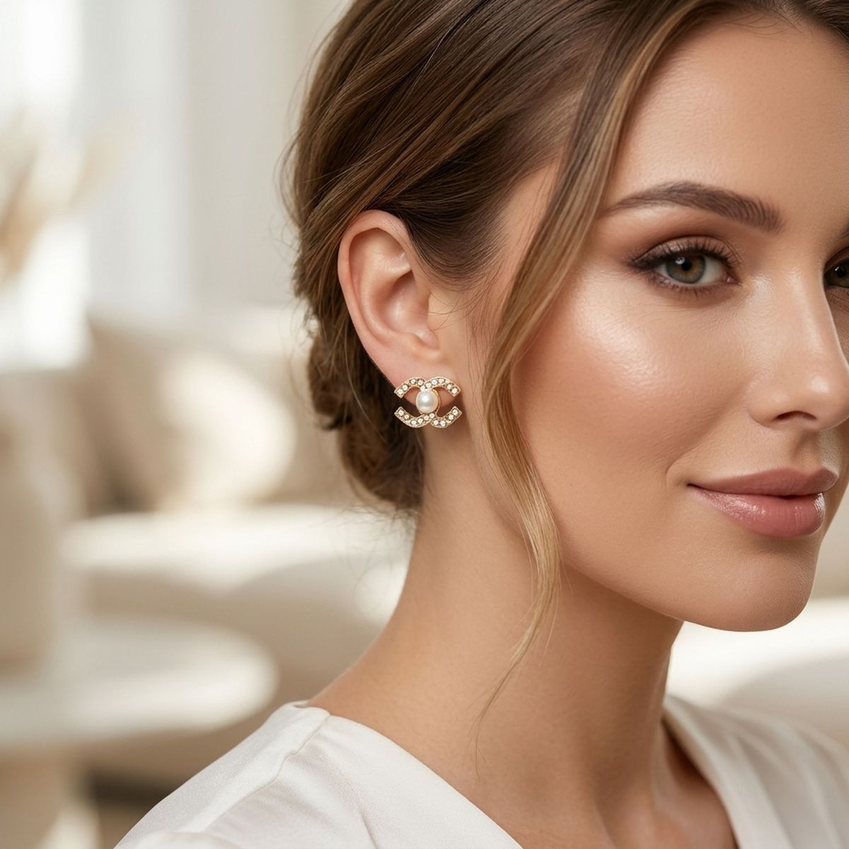 Stud Parisian Gold Double C Pearl Stone Earrings