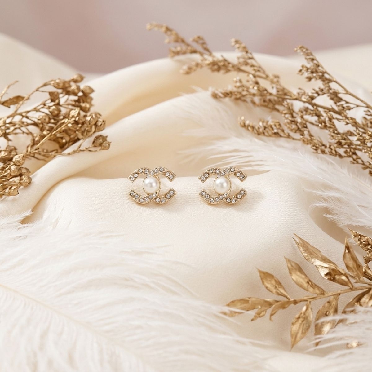 Stud Parisian Gold Double C Pearl Stone Earrings