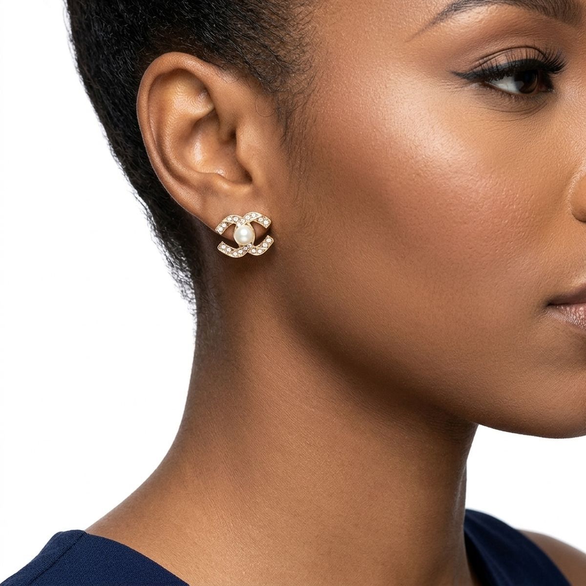 Stud Parisian Gold Double C Pearl Stone Earrings