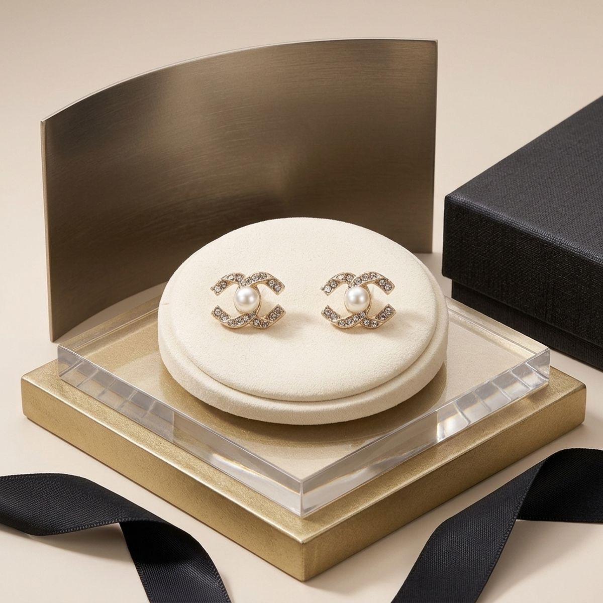 Stud Parisian Gold Double C Pearl Stone Earrings