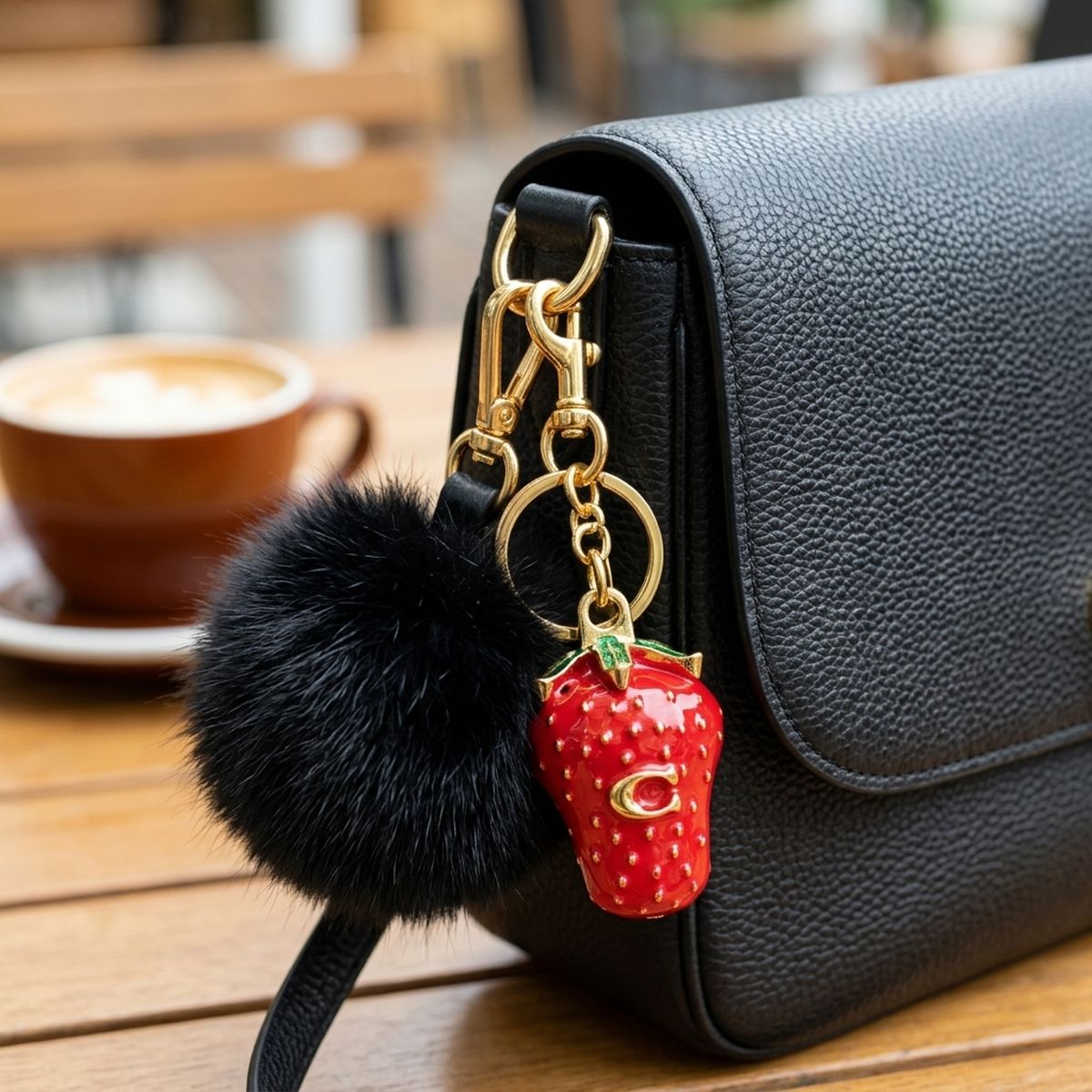 Red Enamel Strawberry C Logo Bag Charm Keychain