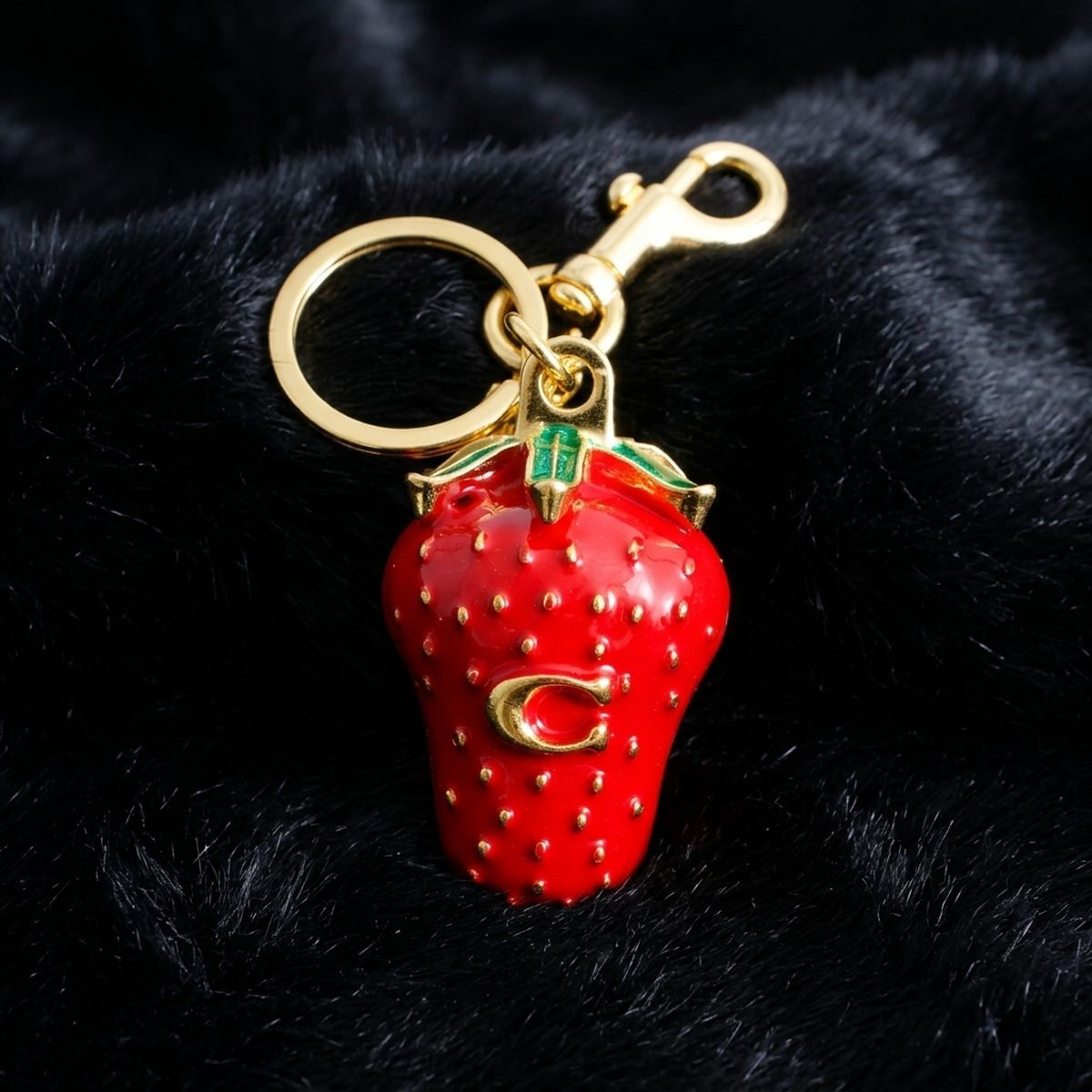 Red Enamel Strawberry C Logo Bag Charm Keychain