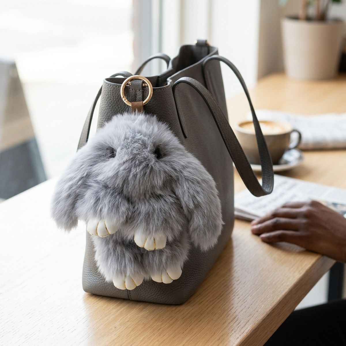 Fluffy Grey Plush Bunny Keychain Bag Charm