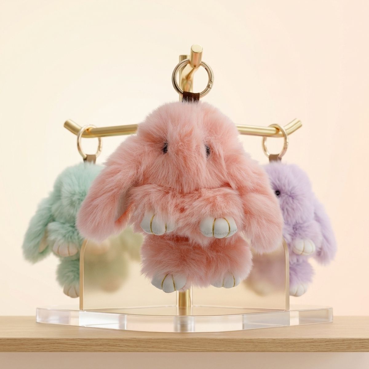Fluffy Pink Plush Bunny Keychain Bag Charm