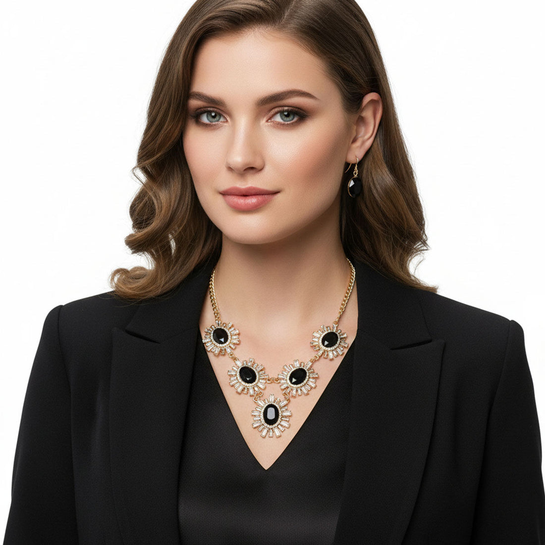 Flower Black Pendant Necklace Set
