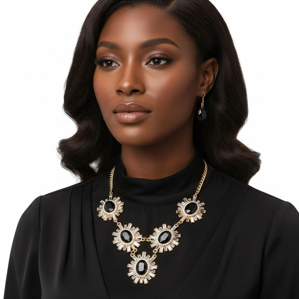Flower Black Pendant Necklace Set