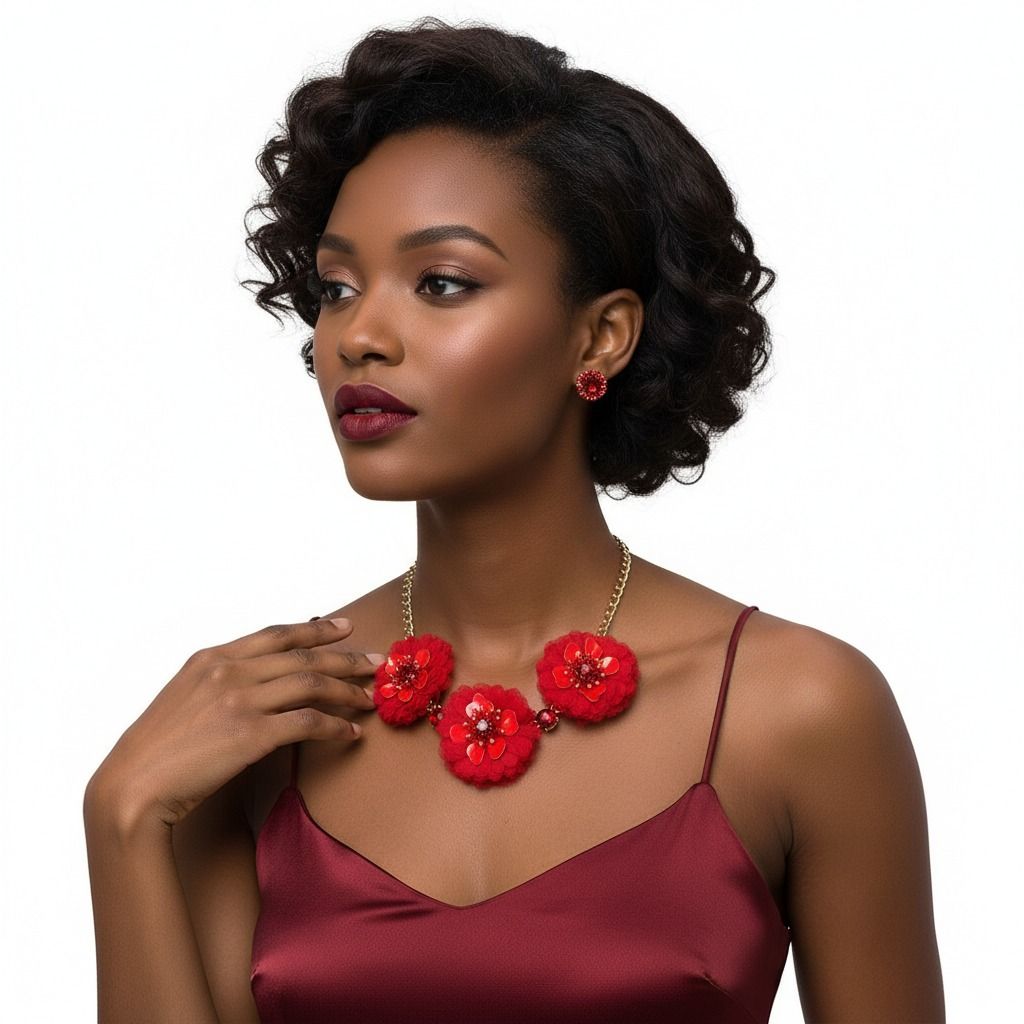 Wine Fabric Flower Necklace Set