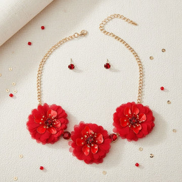 Wine Fabric Flower Necklace Set