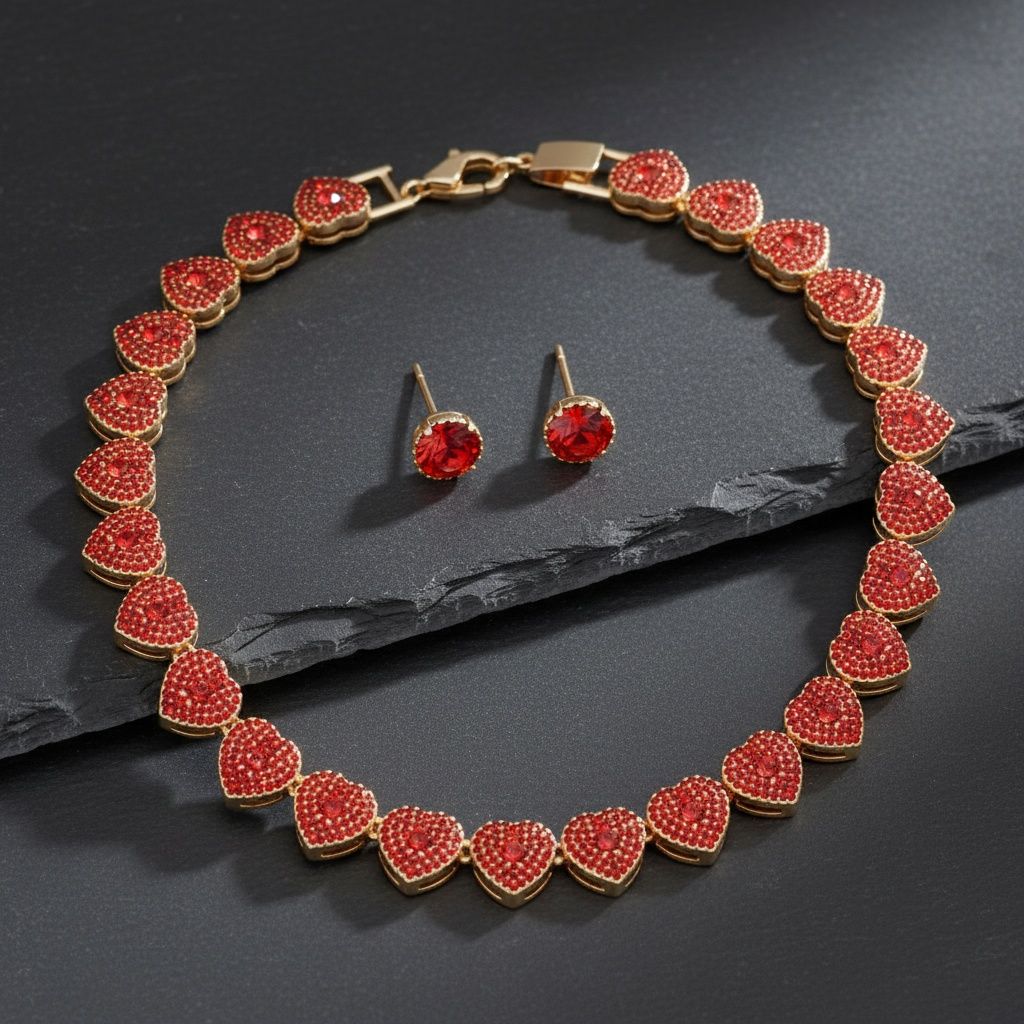 Chain Red Pave Heart Link Necklace Set for Women