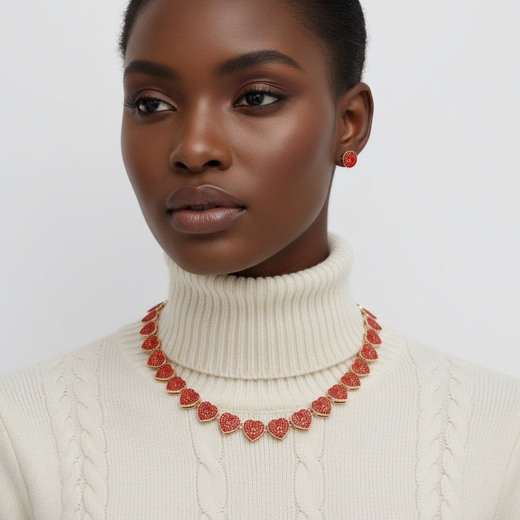 Chain Red Pave Heart Link Necklace Set for Women