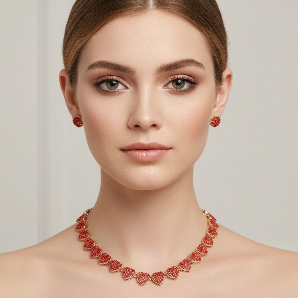 Chain Red Pave Heart Link Necklace Set for Women