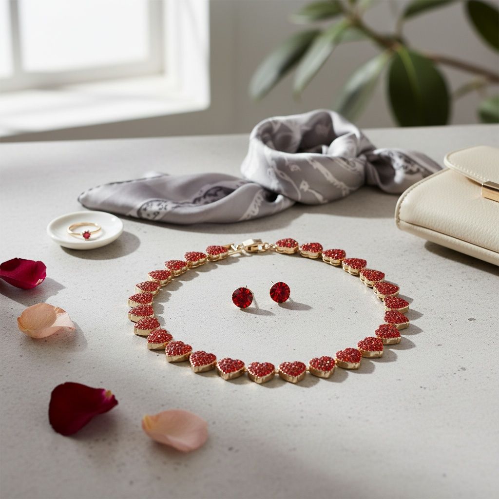 Chain Red Pave Heart Link Necklace Set for Women