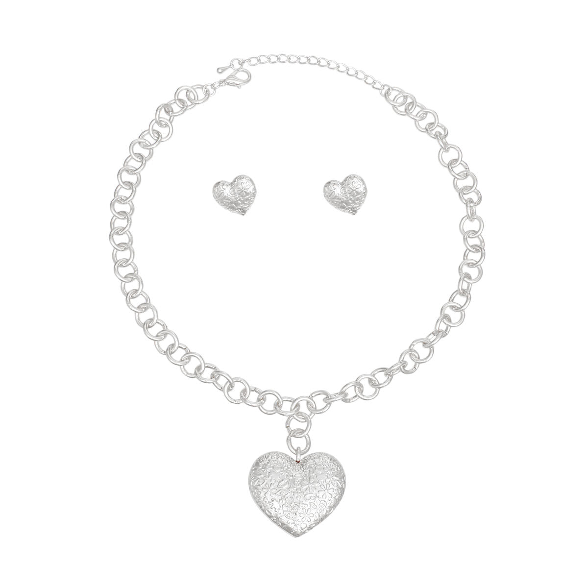 Pendant Silver Girly Patterned Puffy Heart Set