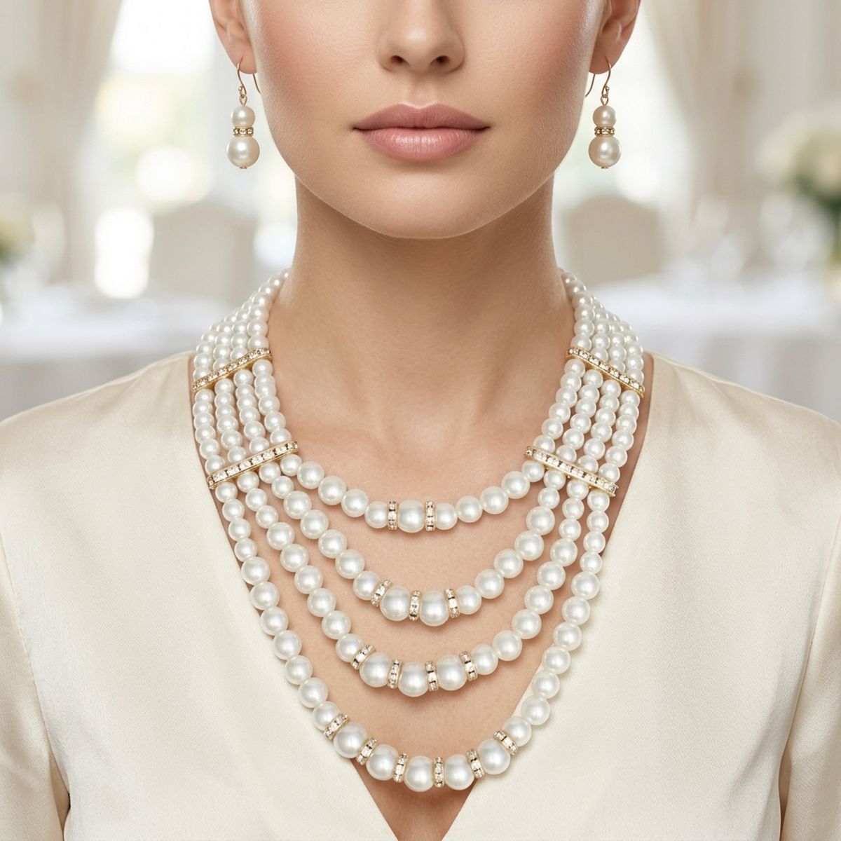 4 Strand Cream Glass Pearl Rhinestone Necklace