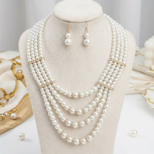 4 Strand Cream Glass Pearl Rhinestone Necklace