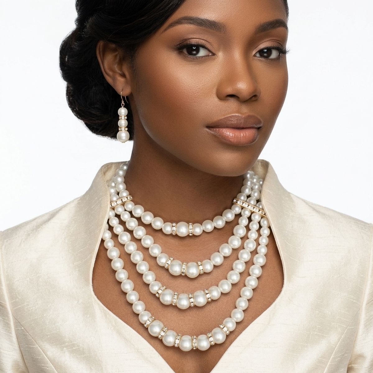 4 Strand Cream Glass Pearl Rhinestone Necklace