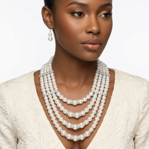 4 Strand White Glass Pearl Rhinestone Necklace