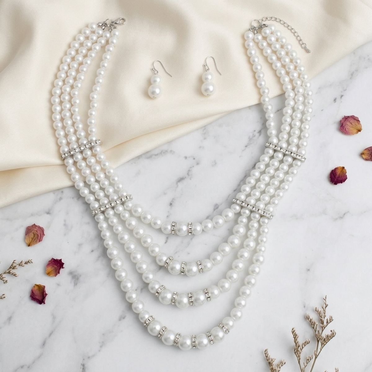 4 Strand White Glass Pearl Rhinestone Necklace