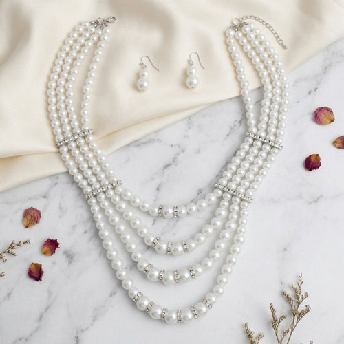 4 Strand White Glass Pearl Rhinestone Necklace