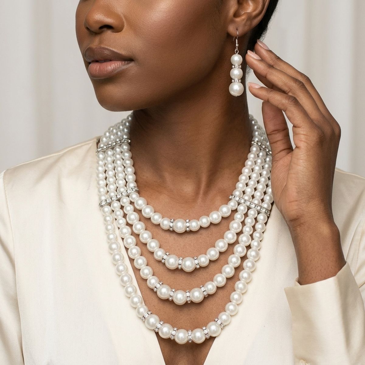 4 Strand White Glass Pearl Rhinestone Necklace