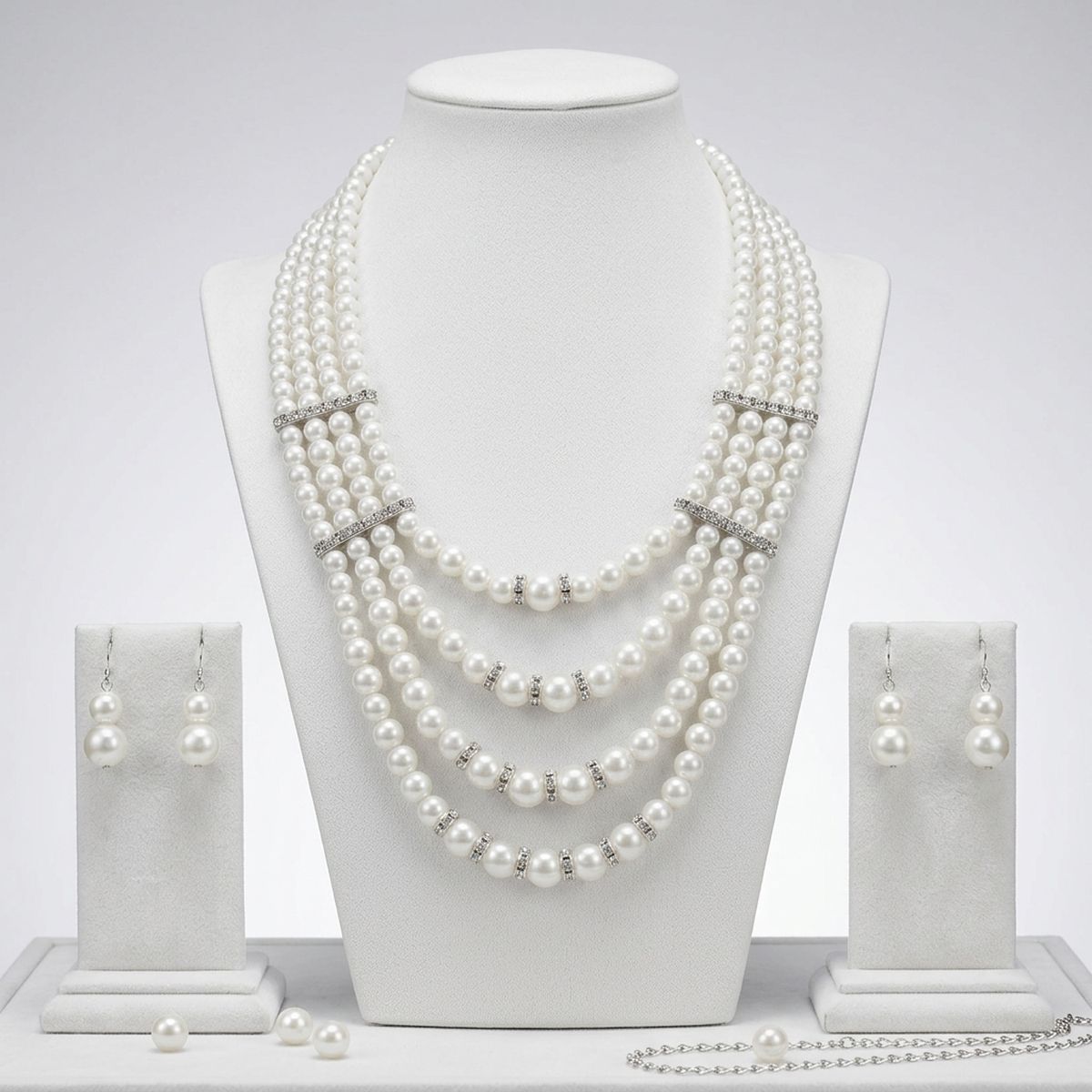 4 Strand White Glass Pearl Rhinestone Necklace
