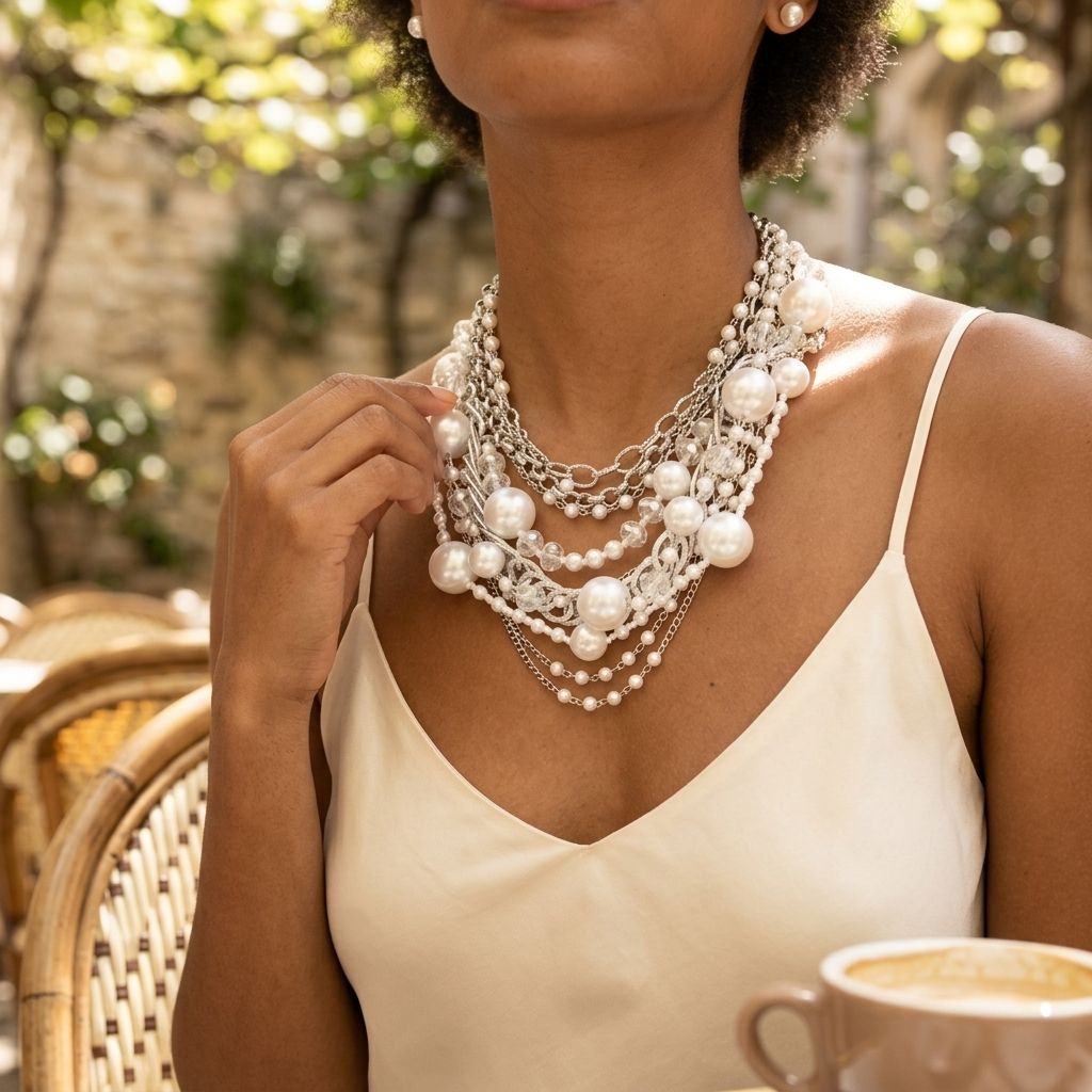White Pearl 13 Strand Layered Silver Chain Necklace