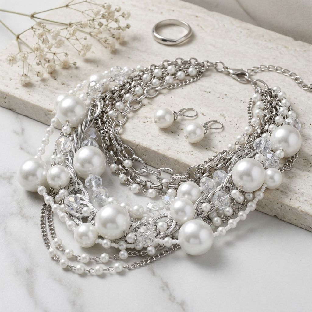 White Pearl 13 Strand Layered Silver Chain Necklace