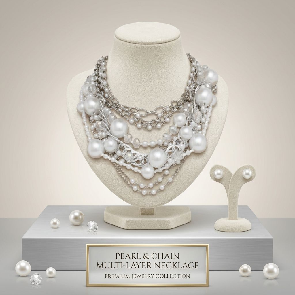 White Pearl 13 Strand Layered Silver Chain Necklace
