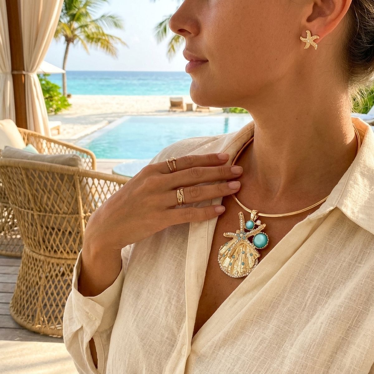 Gold Choker Sea Life Pendant Turquoise Rhinestones