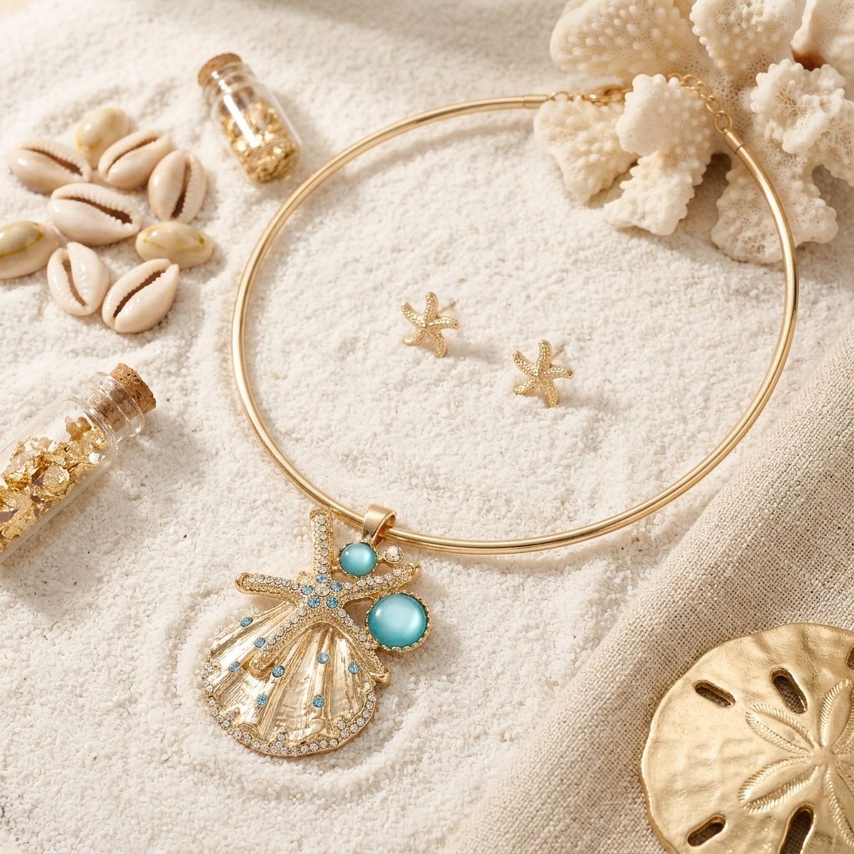 Gold Choker Sea Life Pendant Turquoise Rhinestones
