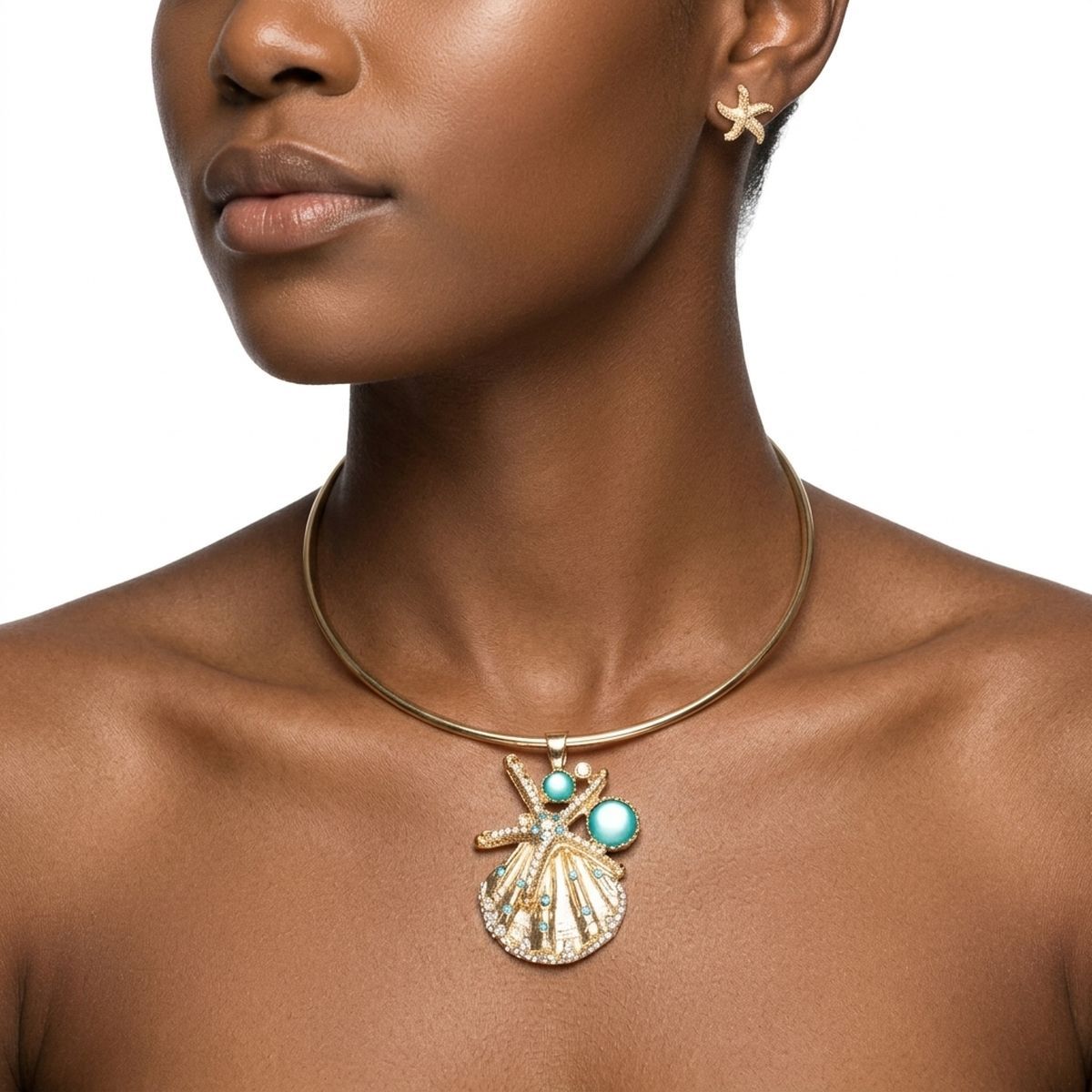 Gold Choker Sea Life Pendant Turquoise Rhinestones