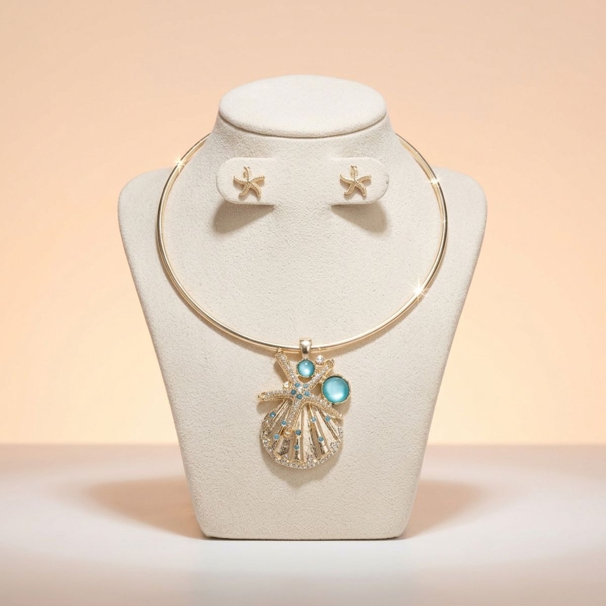Gold Choker Sea Life Pendant Turquoise Rhinestones