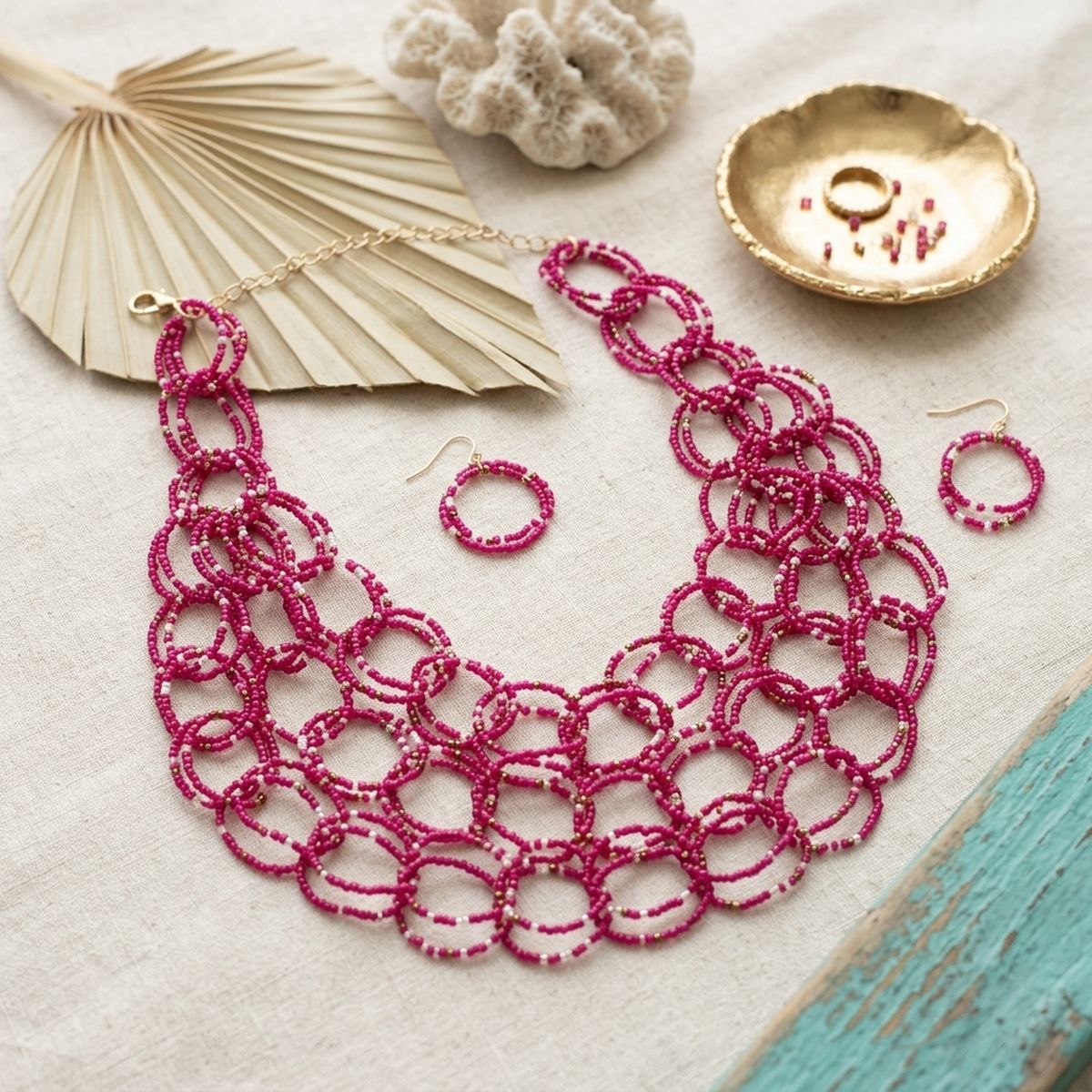Bib Fuchsia Seed Bead Links Triple Layer Necklace