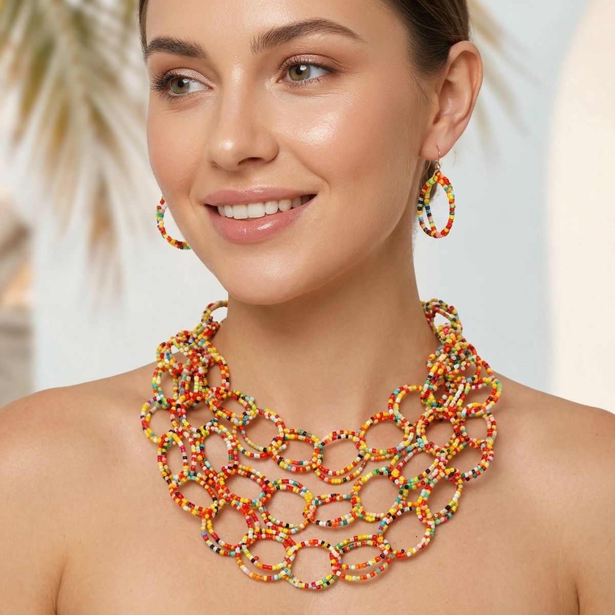 Bib Colorful Seed Bead Links Triple Layer Necklace