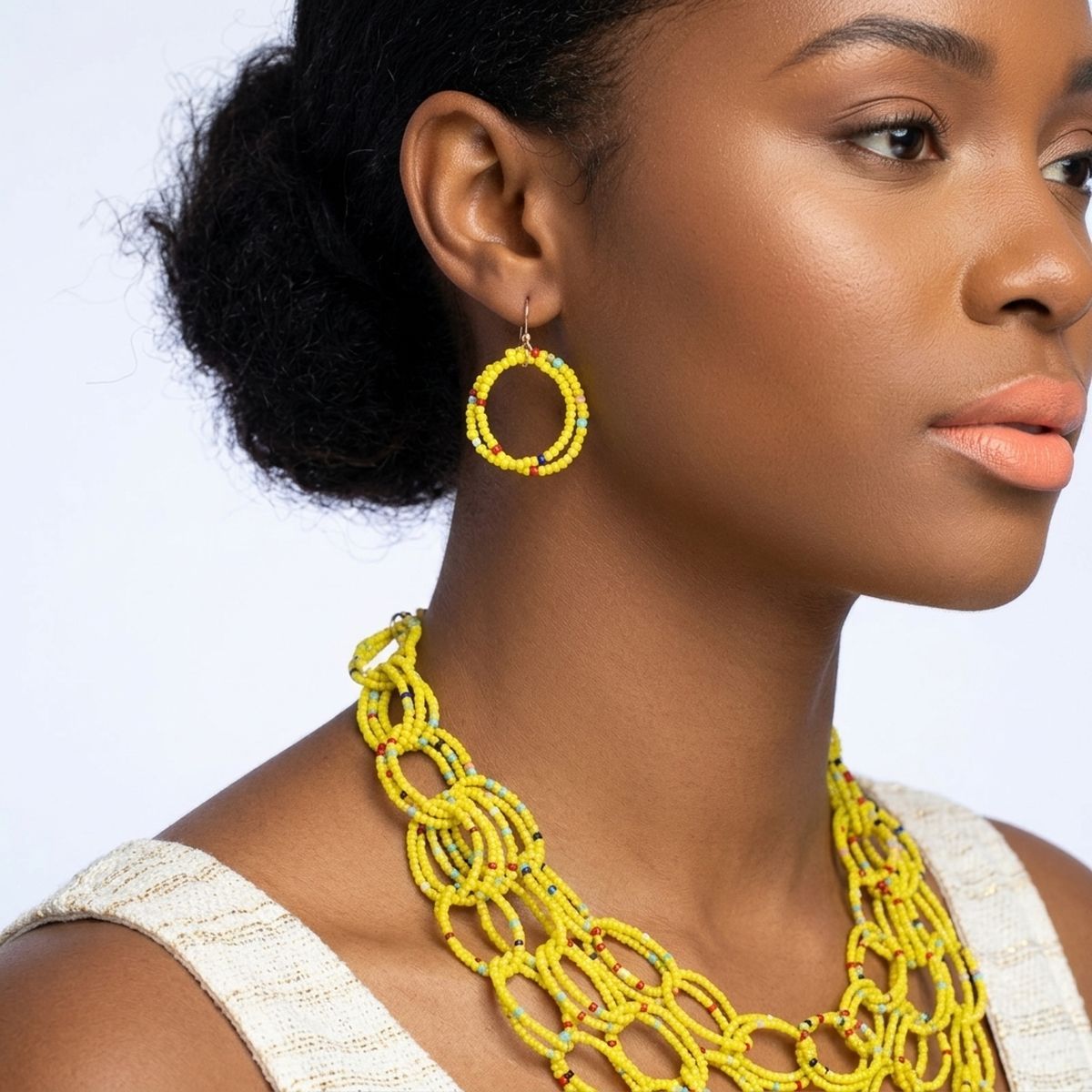 Bib Yellow Seed Bead Links Triple Layer Necklace