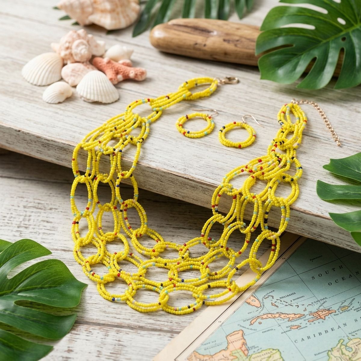 Bib Yellow Seed Bead Links Triple Layer Necklace