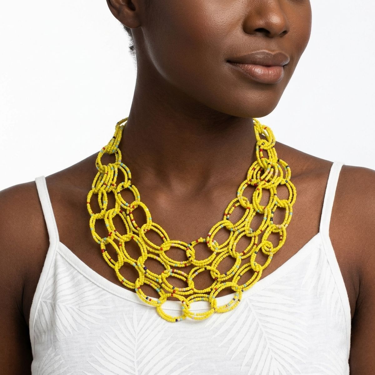 Bib Yellow Seed Bead Links Triple Layer Necklace