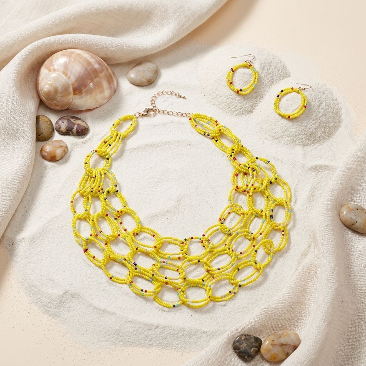 Bib Yellow Seed Bead Links Triple Layer Necklace