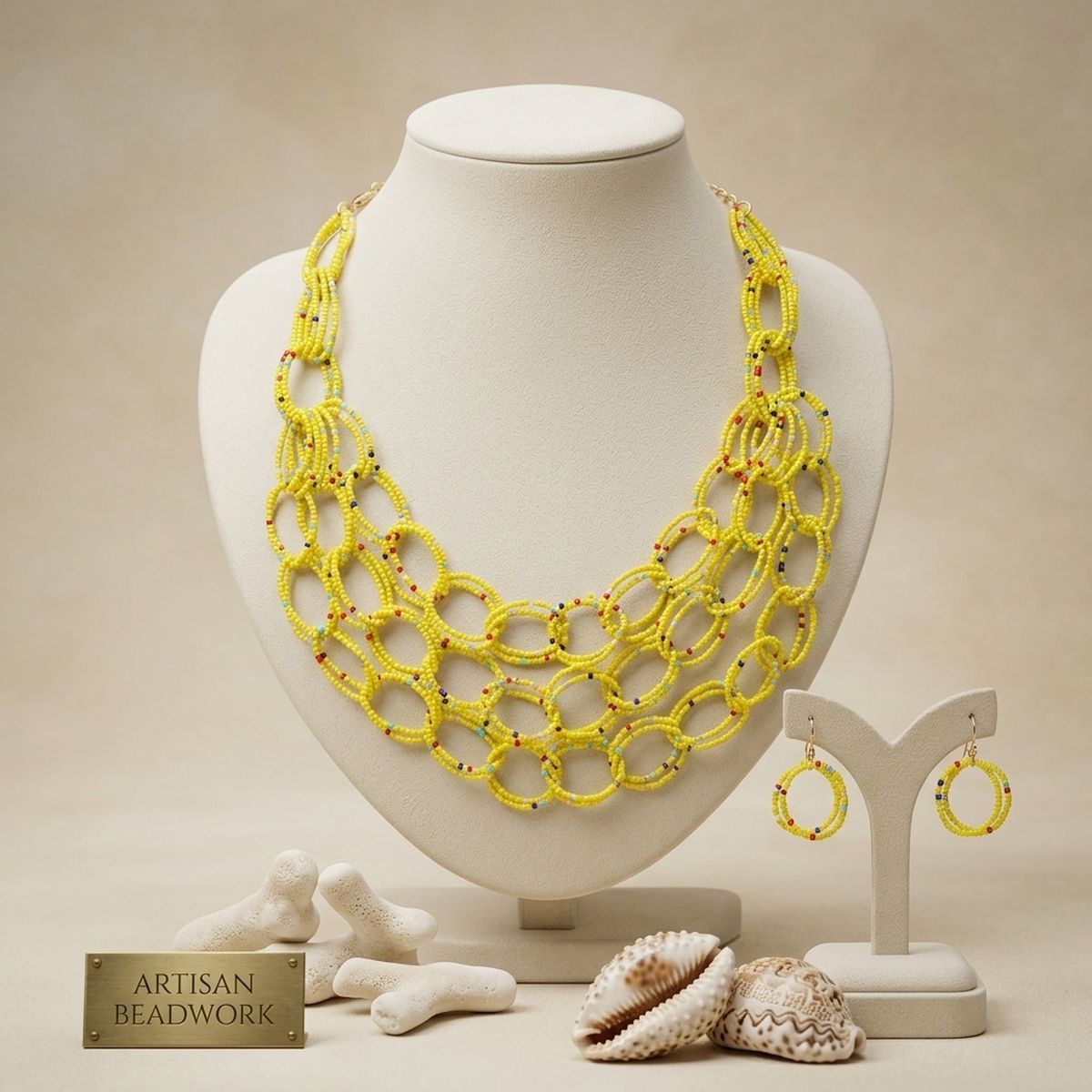 Bib Yellow Seed Bead Links Triple Layer Necklace